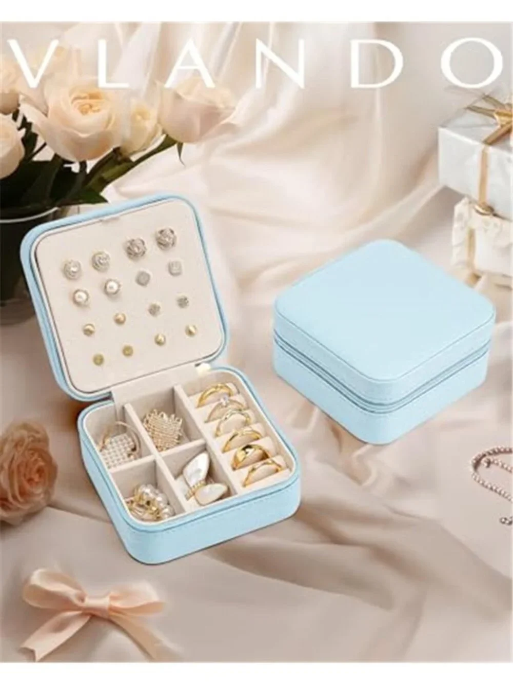 Small Travel Jewelry Box Case Organizer Blue Leather Earring Necklace Ring Gift